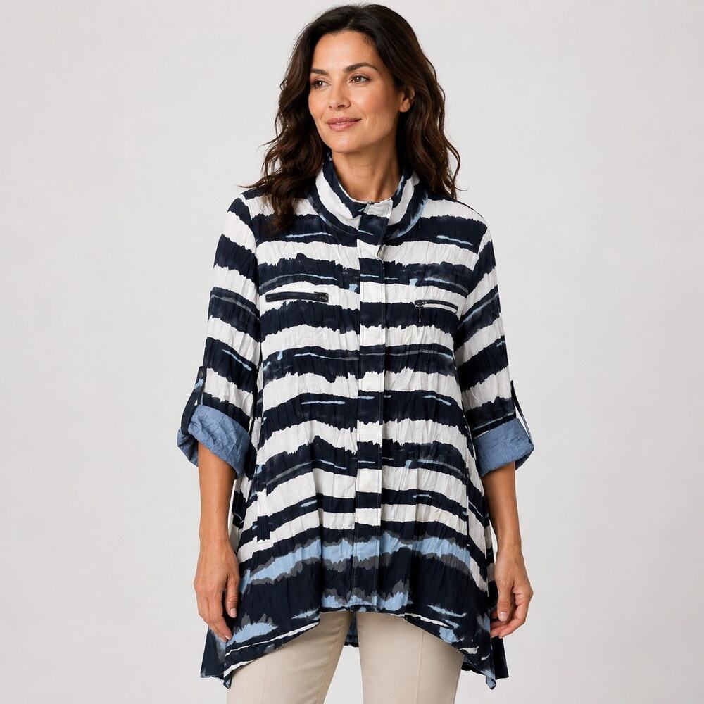 LINDI Crinkle Jacket XL Blue Watercolor Stripe Full Zip Roll Tab Sleeves Artsy